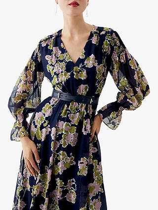 The Fold Versailles Floral Silk Midi Dress, Navy/Multi