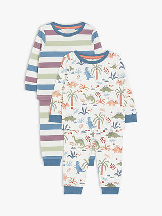 John Lewis Baby Dinosaur Stripe Pyjamas, Pack of 2, Multi