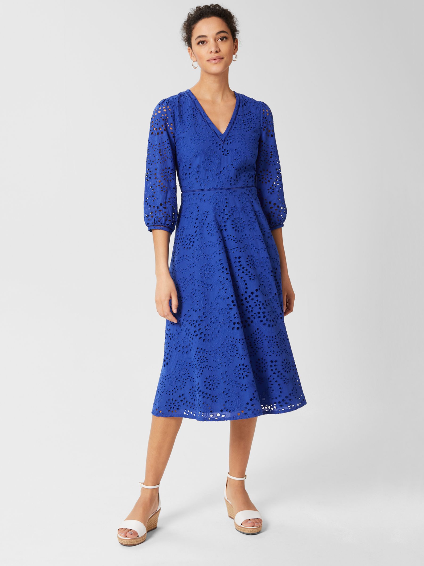 Hobbs Rhea Broderie Anglaise Cotton Dress, Cobalt Blue