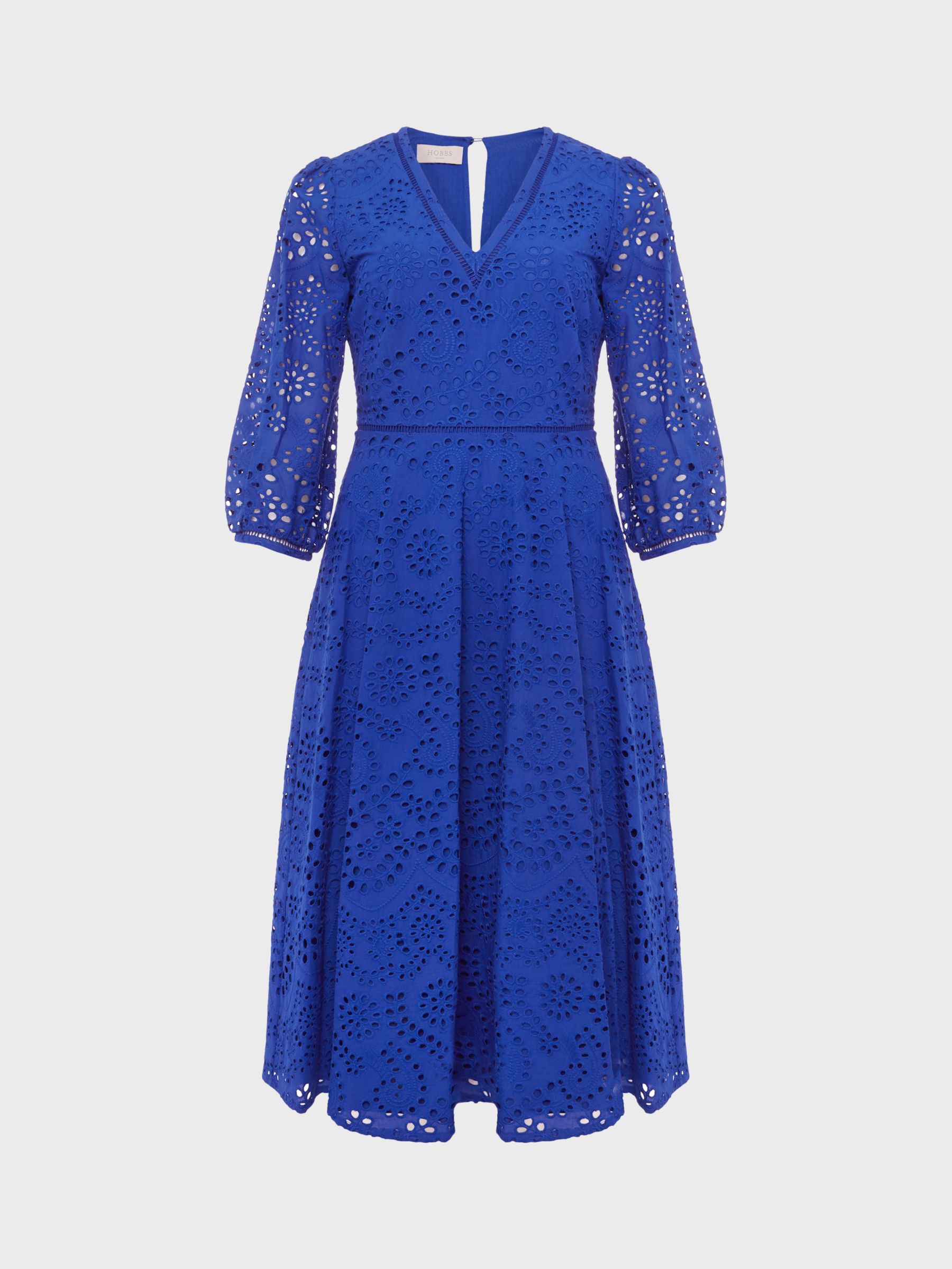 Hobbs Rhea Broderie Anglaise Cotton Dress, Cobalt Blue at John Lewis ...