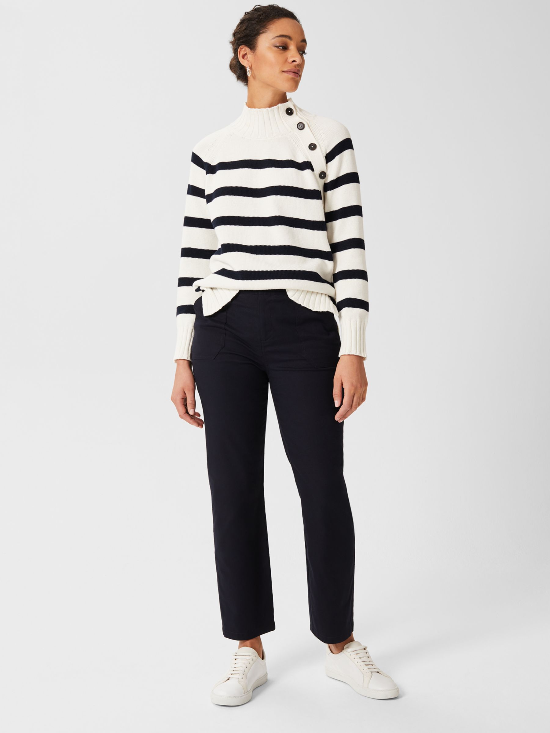 Hobbs Chrissy Stripe Button Neck Jumper, Ivory/Navy