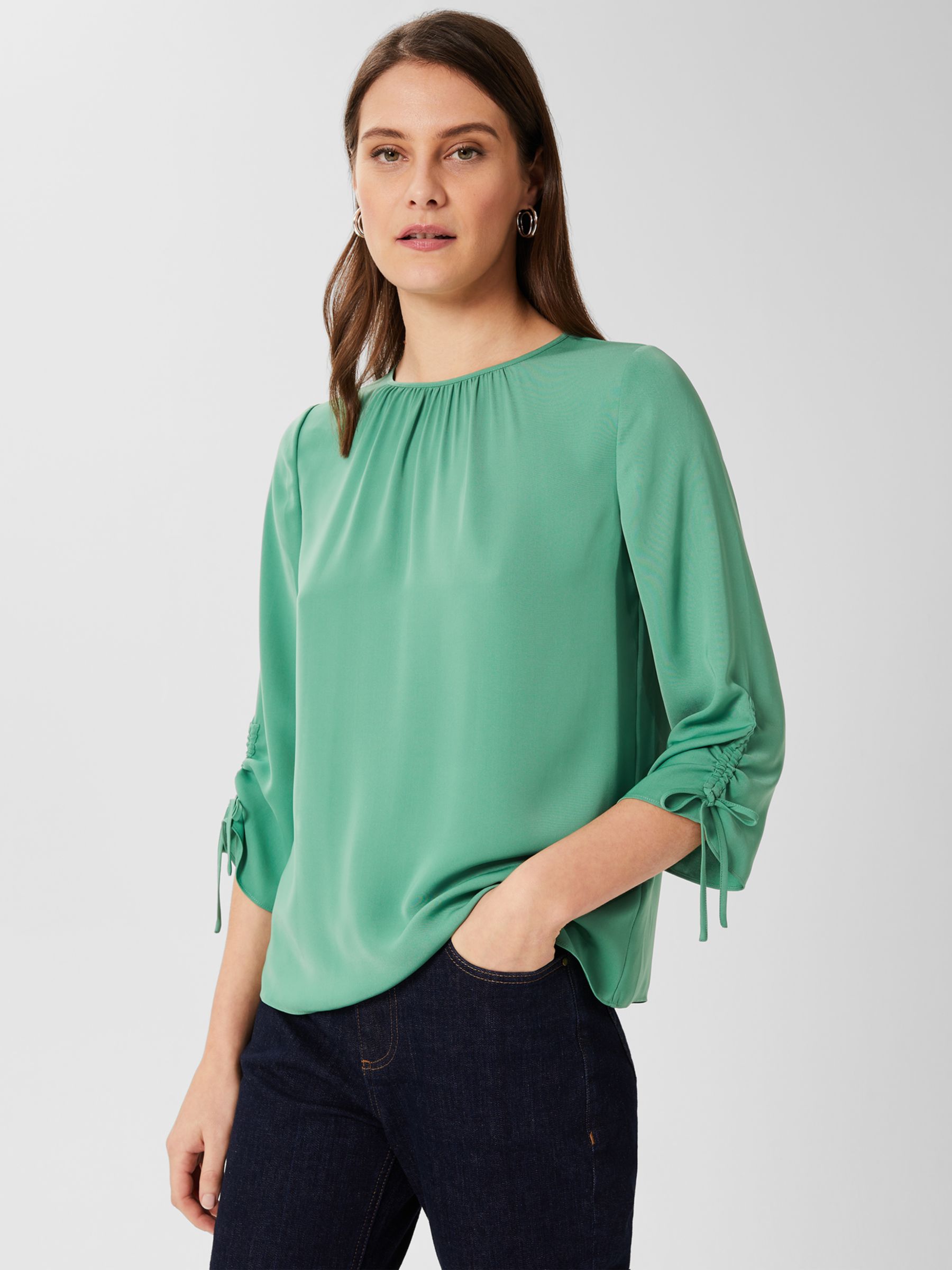 Hobbs Cosette Ruched Cuff Blouse, Leaf Green