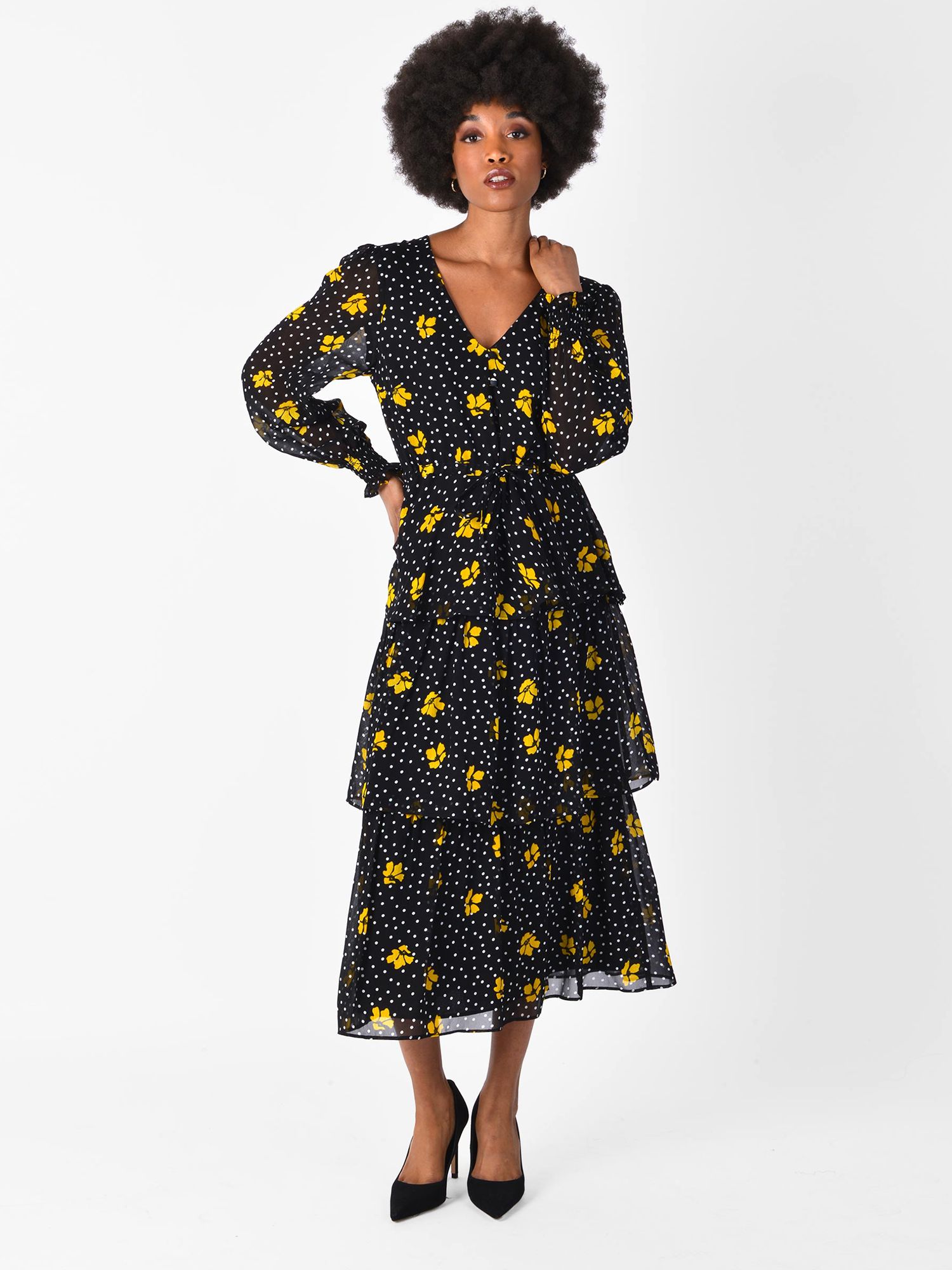 Ro&Zo Floral Tiered Midi Dress, Black/Yellow at John Lewis & Partners