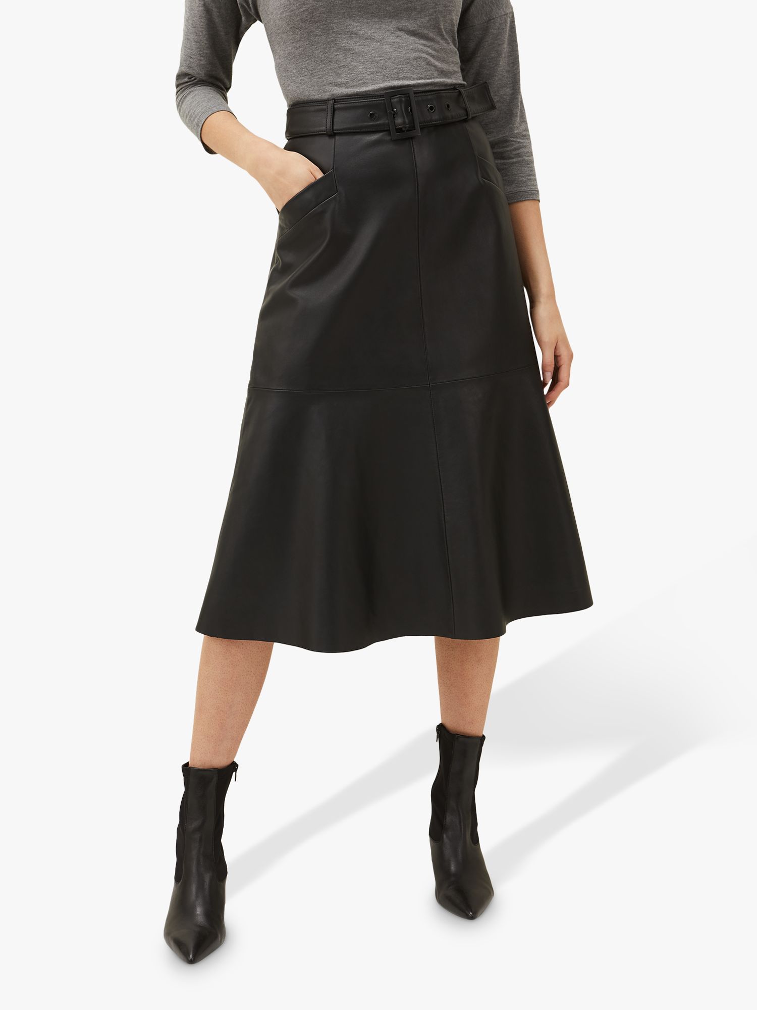 Phase Eight Jemma Leather Midi Skirt, Black, 8