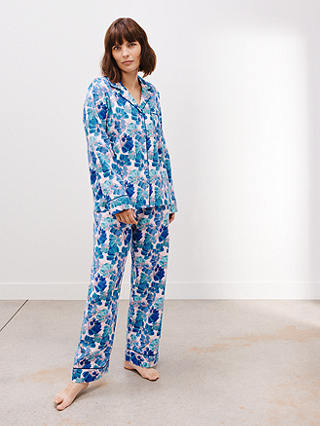 John Lewis Badgley Floral Print Cotton Pyjama Set, Pink/Blue