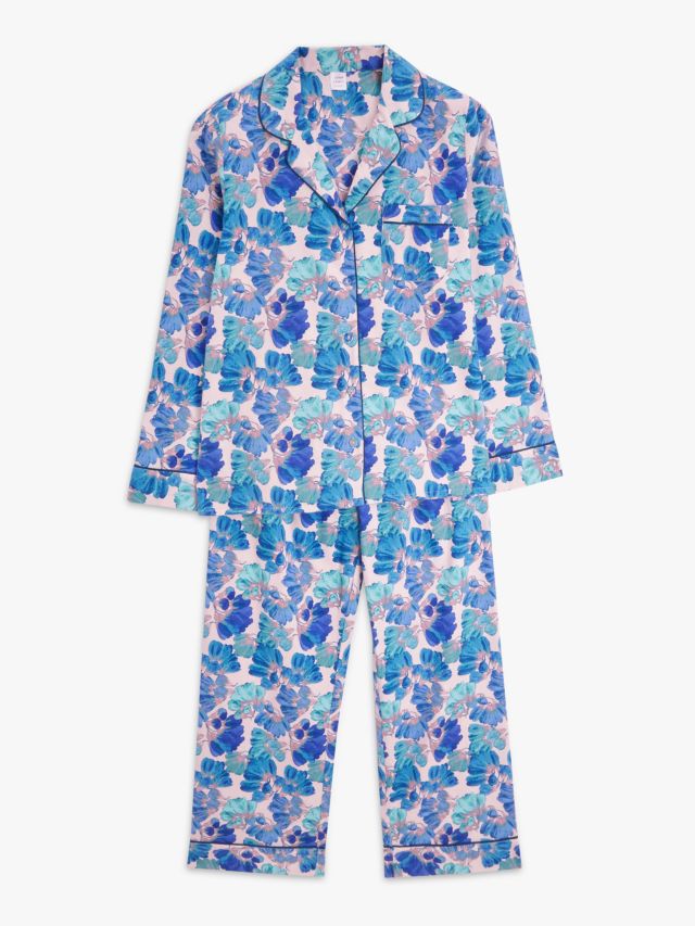 John Lewis Badgley Floral Print Cotton Pyjama Set, Pink/Blue, 8