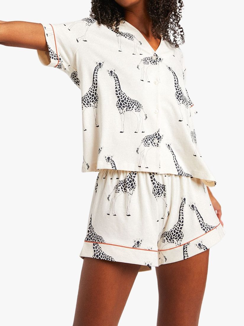 Chelsea Peers Giraffe Print Organic Cotton Pyjama Set, Cream, XXS