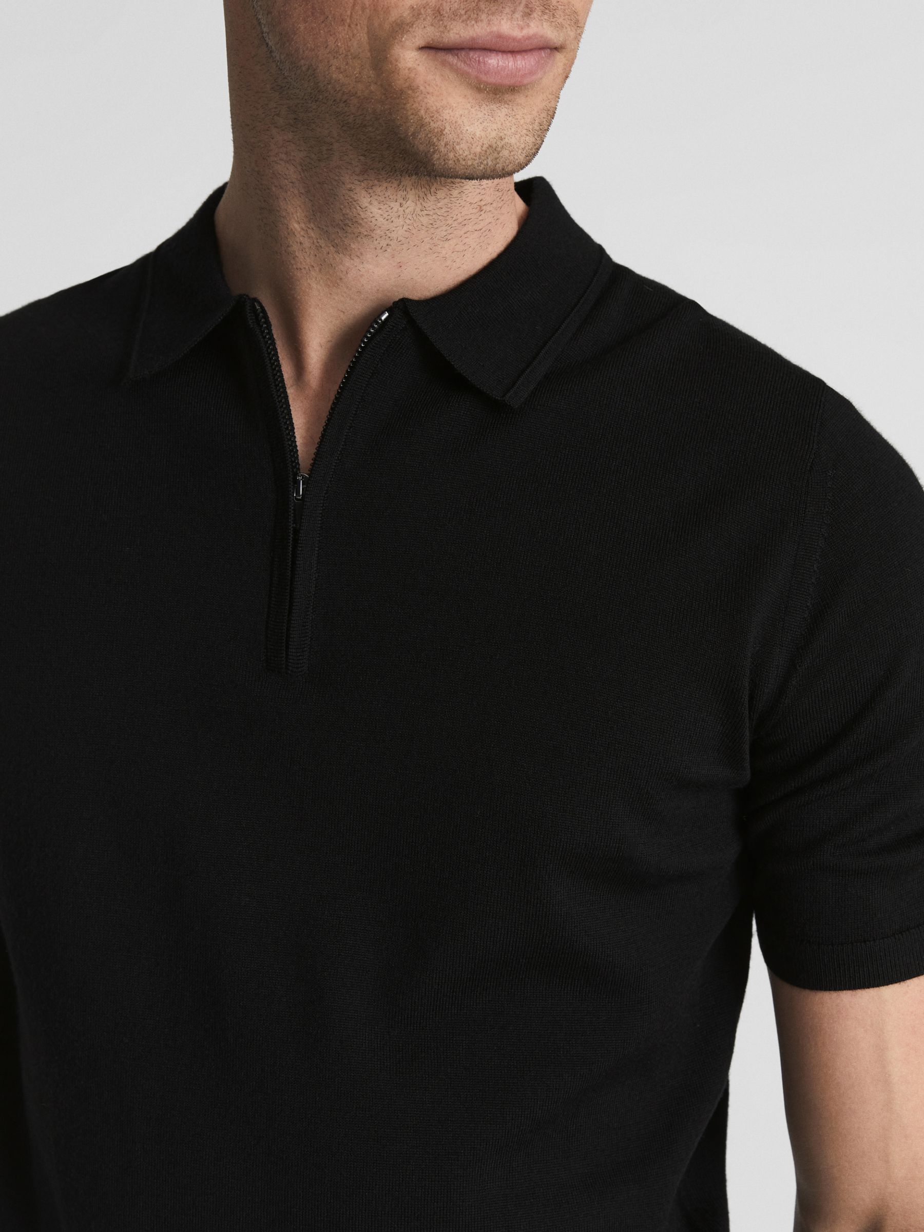 Reiss Maxwell Merino Zip Neck Polo Shirt, Black, XS