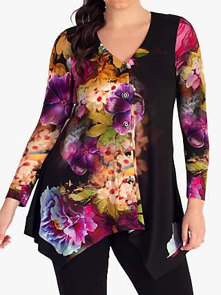 Chesca Vibrant Floral Print V-Neck Top, Black/Multi