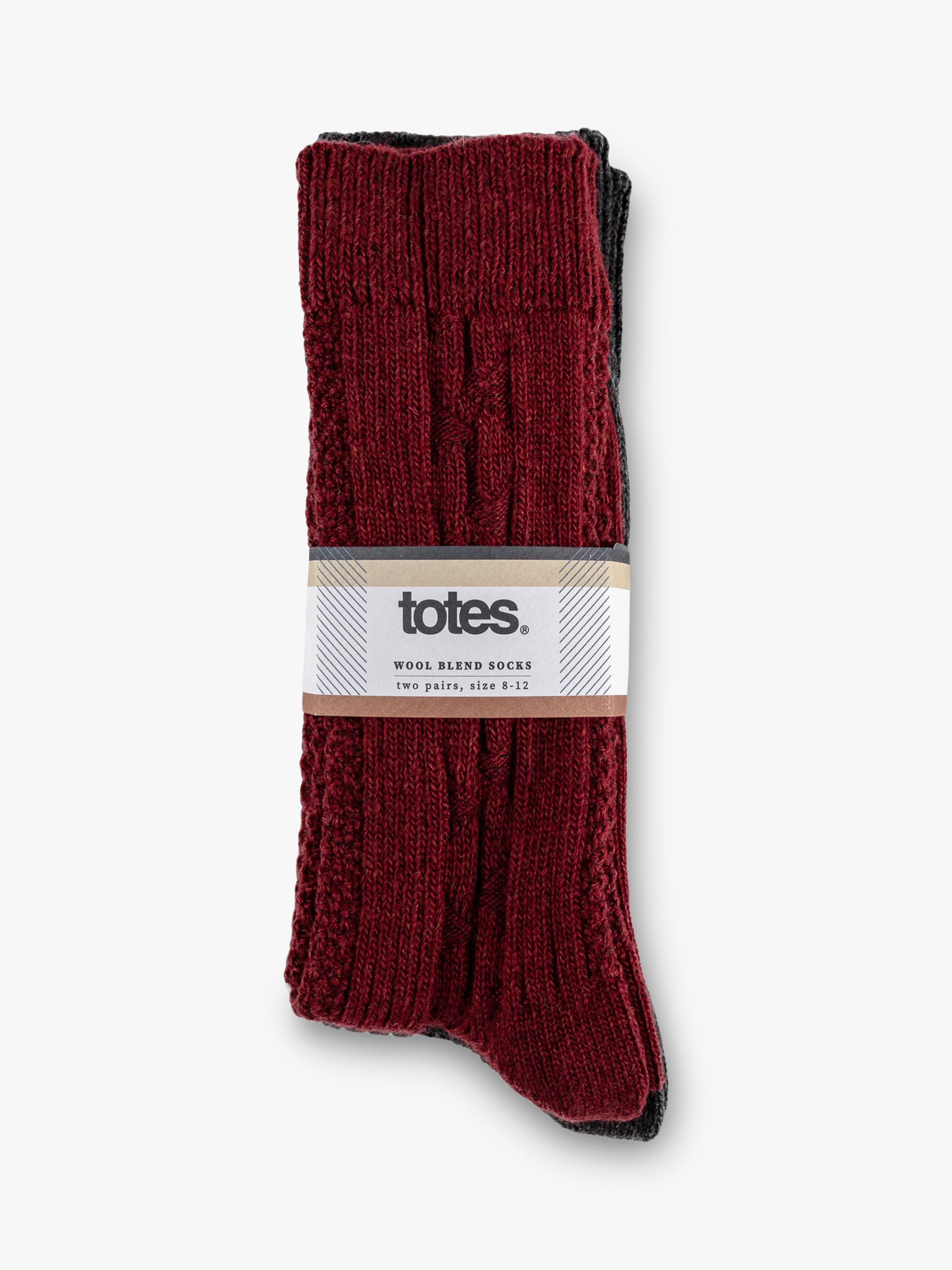 totes Cable Knit Socks, Pack of 2, Burgundy/Charcoal at John Lewis ...