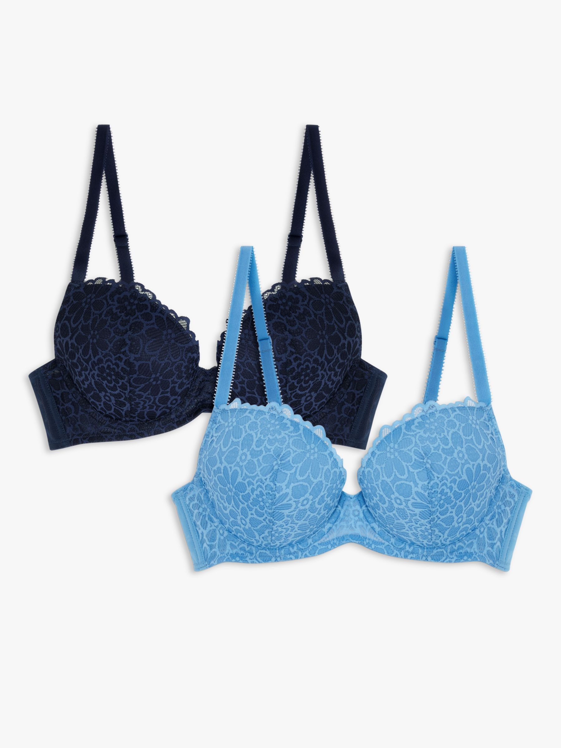 John Lewis ANYDAY Loreli Lace Padded Bra, Pack of 2, Blue/Blue, 32E
