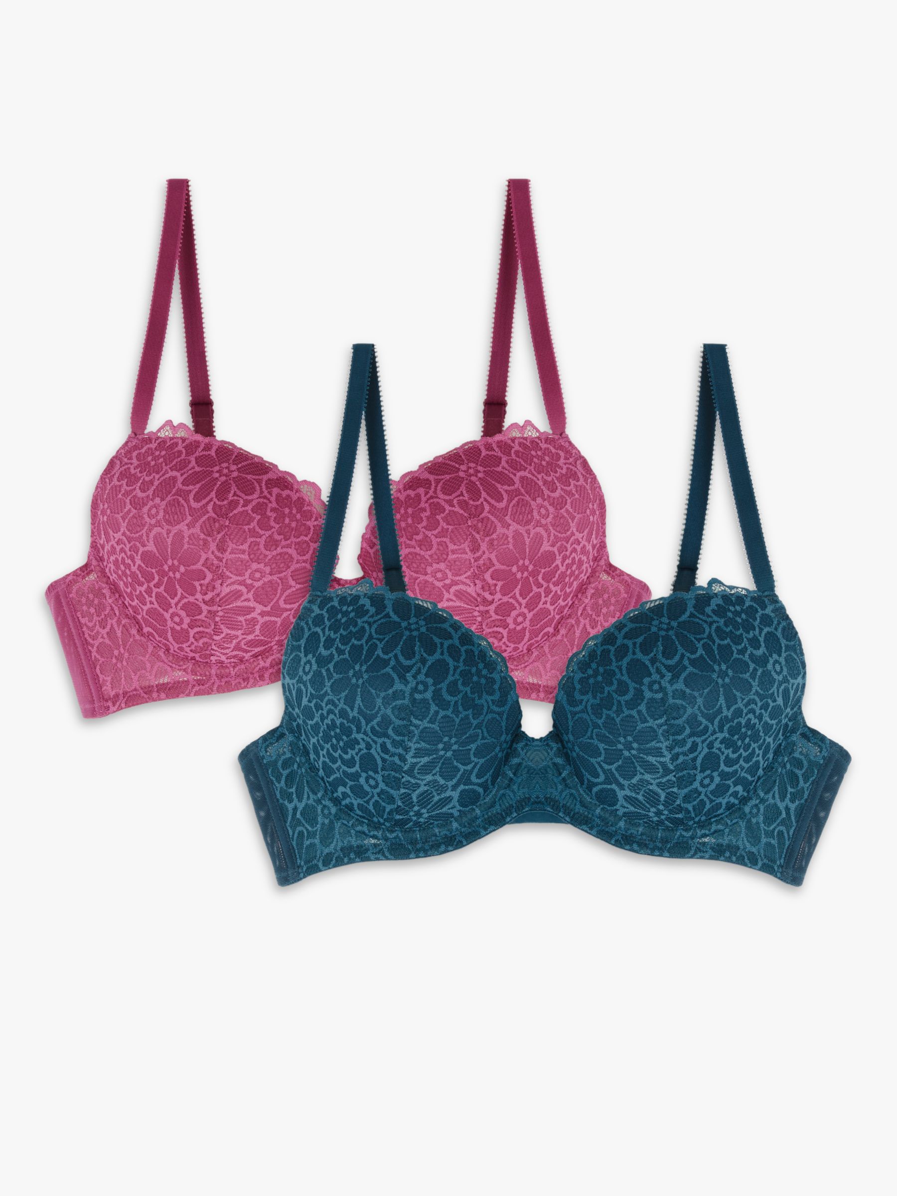 John Lewis ANYDAY Loreli Lace Padded Bra, Pack of 2, Pink/Green at