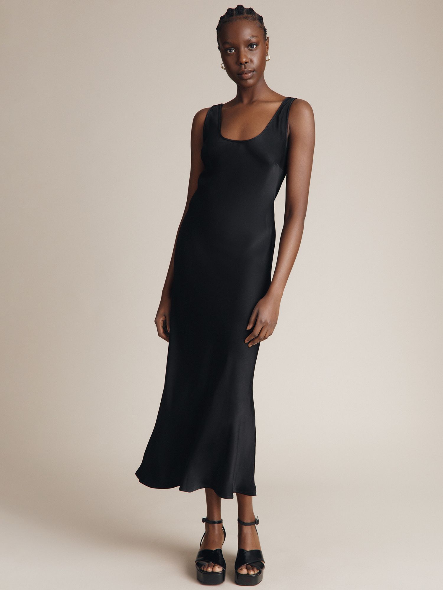 Ghost Palm Satin Slip Midi Dress, Black at John Lewis & Partners