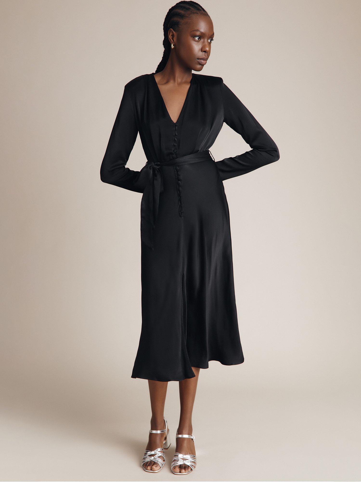 Ghost Meryl Satin Button Dress, Black at John Lewis & Partners