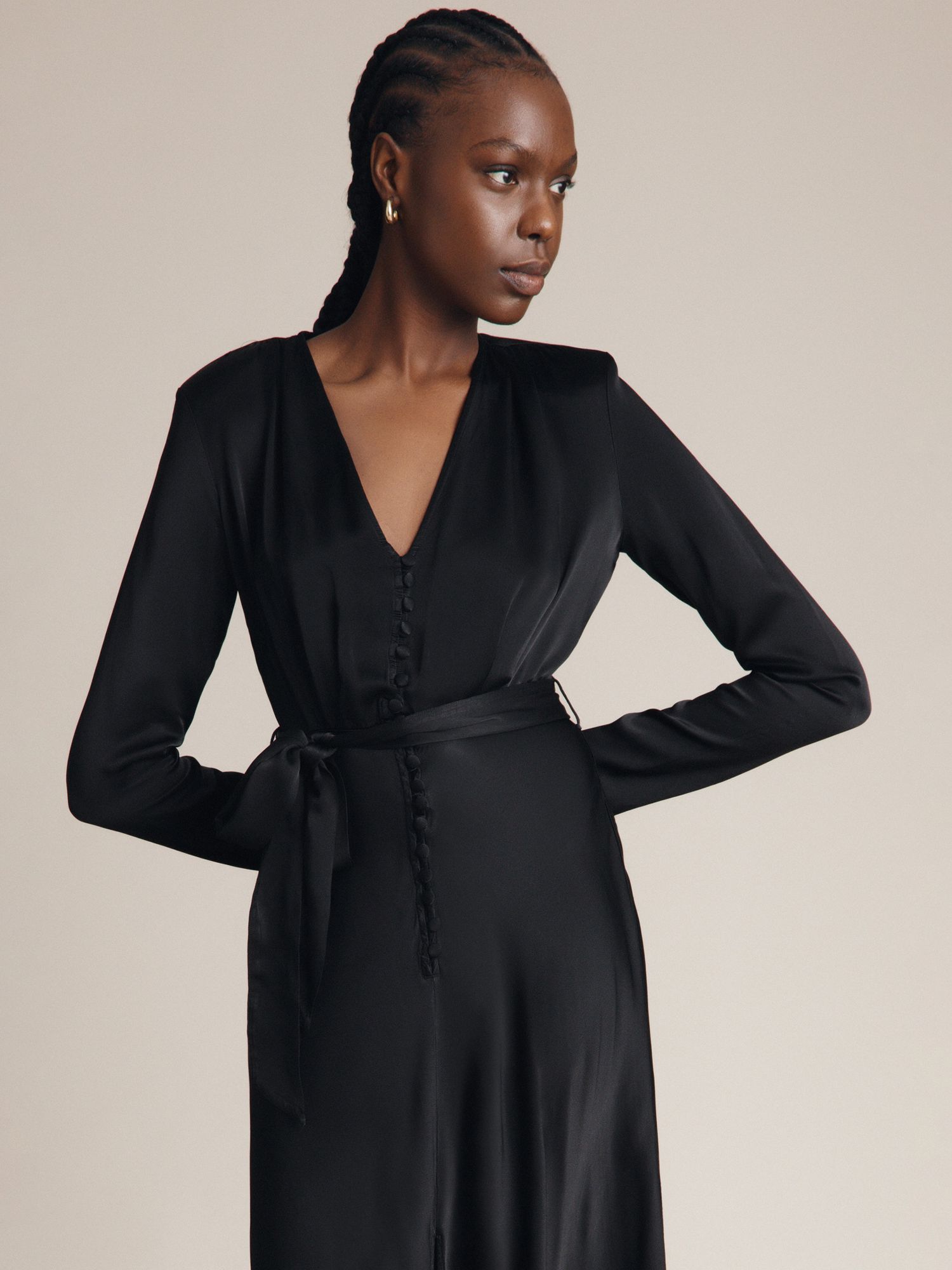 Ghost Meryl Satin Button Dress, Black at John Lewis & Partners