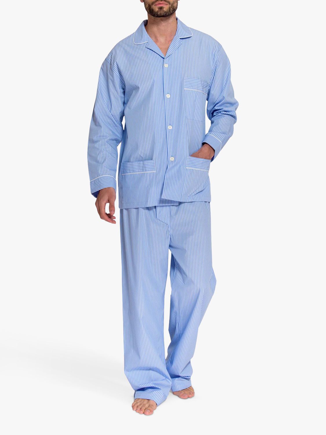 British Boxers Stripe Crisp Cotton Pyjama Set, Blue/White at John Lewis ...