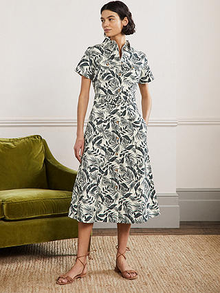 Boden Tropical Palm Print Belt Midi Shirt Dress
