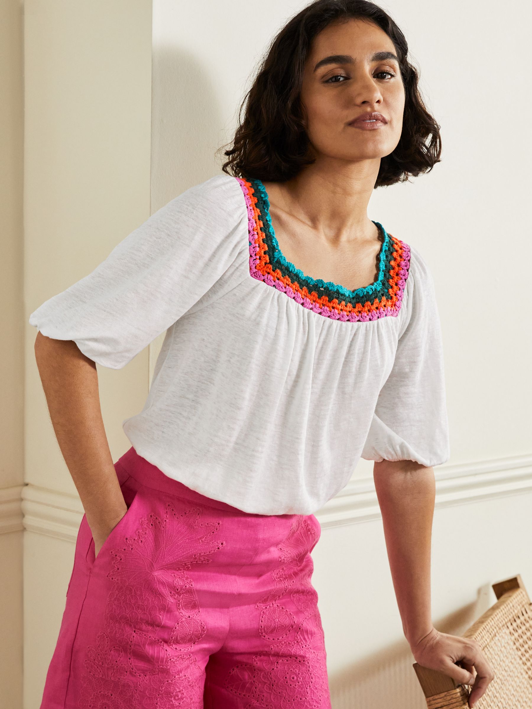 Boden Crochet Trim Square Neck Linen Top