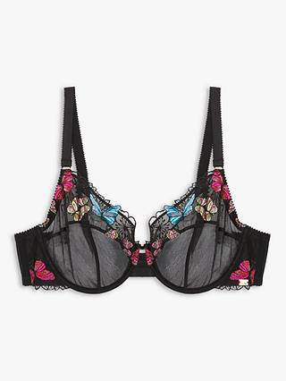AND/OR Kiki Butterfly Full Support Non Padded Underwired Balcony Bra, Black/Multi, 32E