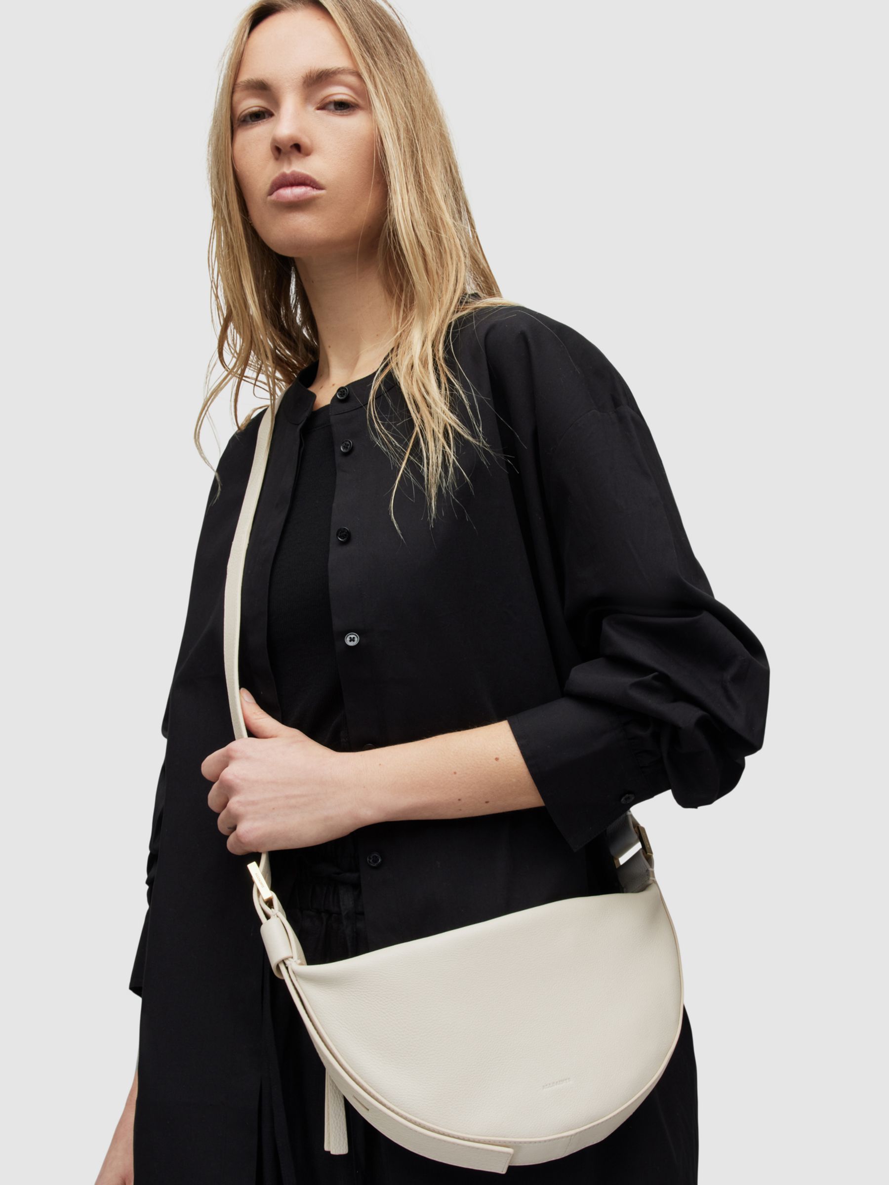 AllSaints Half Moon Leather Cross Body Bag, White at John Lewis & Partners