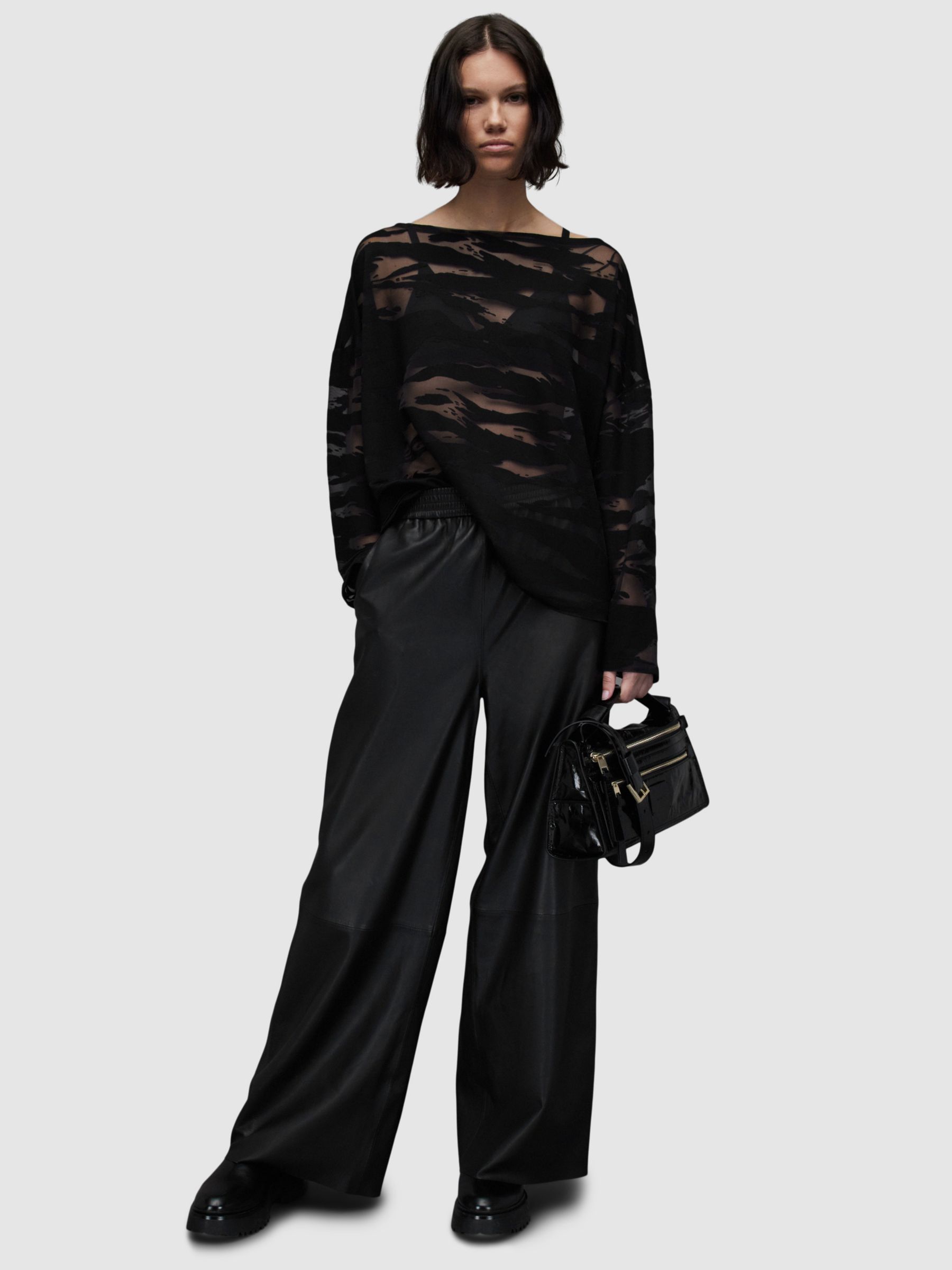 AllSaints Rita Devore Sheer Long Sleeve Top, Black at John Lewis & Partners