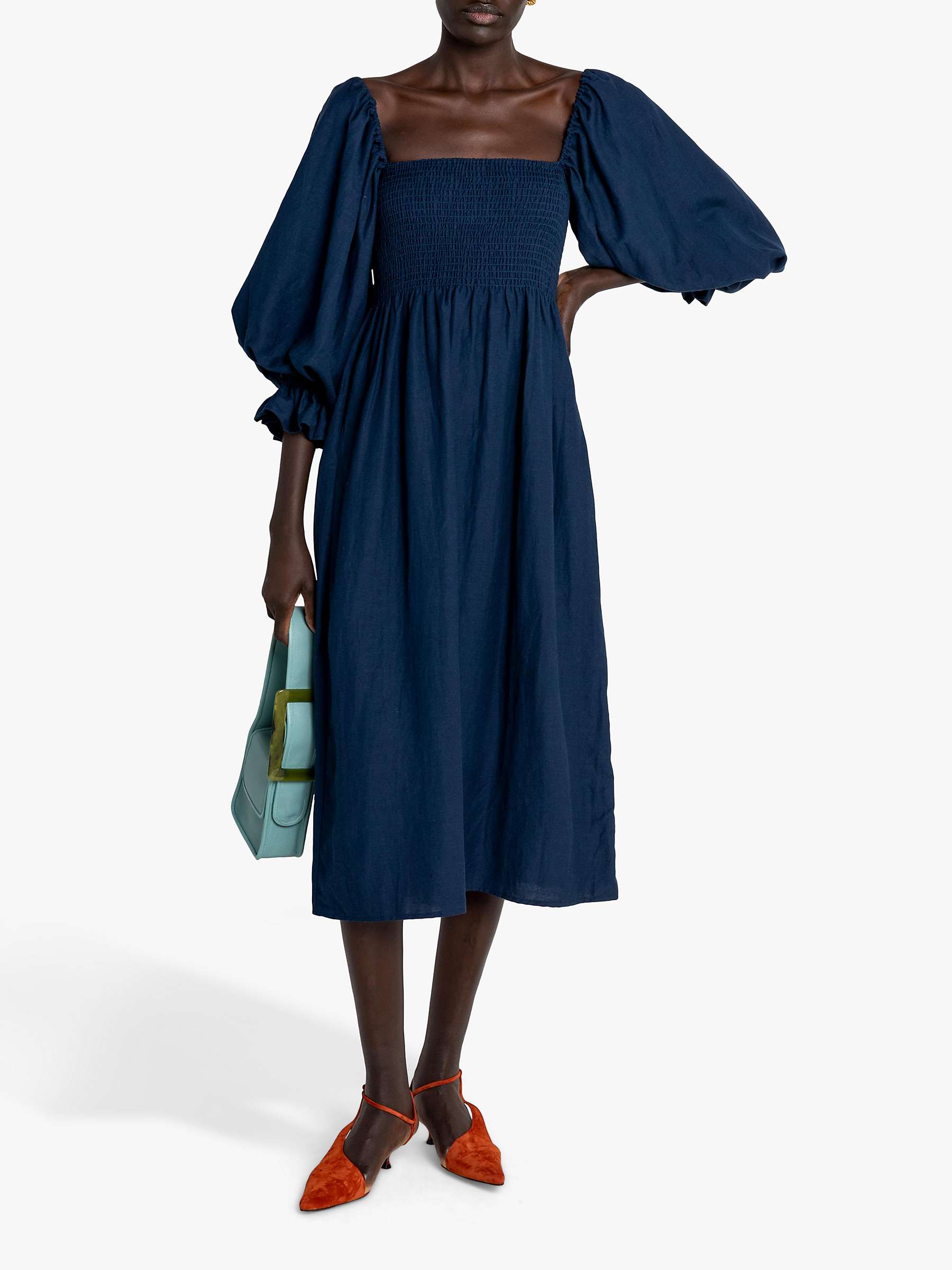 Buy o.p.t Athena Puff Sleeve Linen Blend Midi Dress, Navy Online at johnlewis.com
