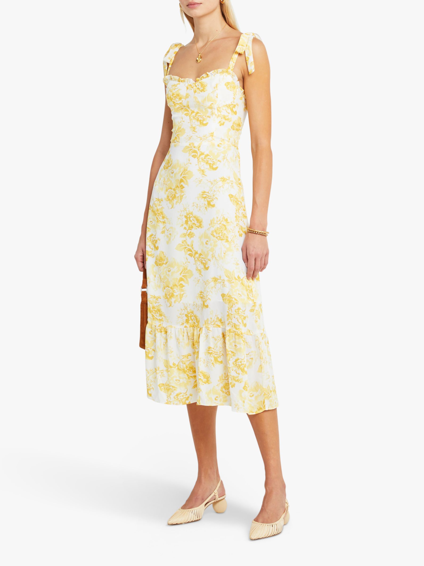 o.p.t Toile de Jouy Floral Print Sleeveless Midi Dress, Yellow, 10