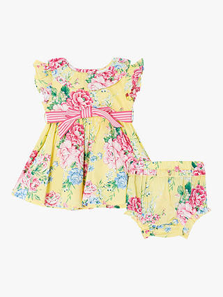 Monsoon Baby Floral Print Dress and Knicker Set, Yellow