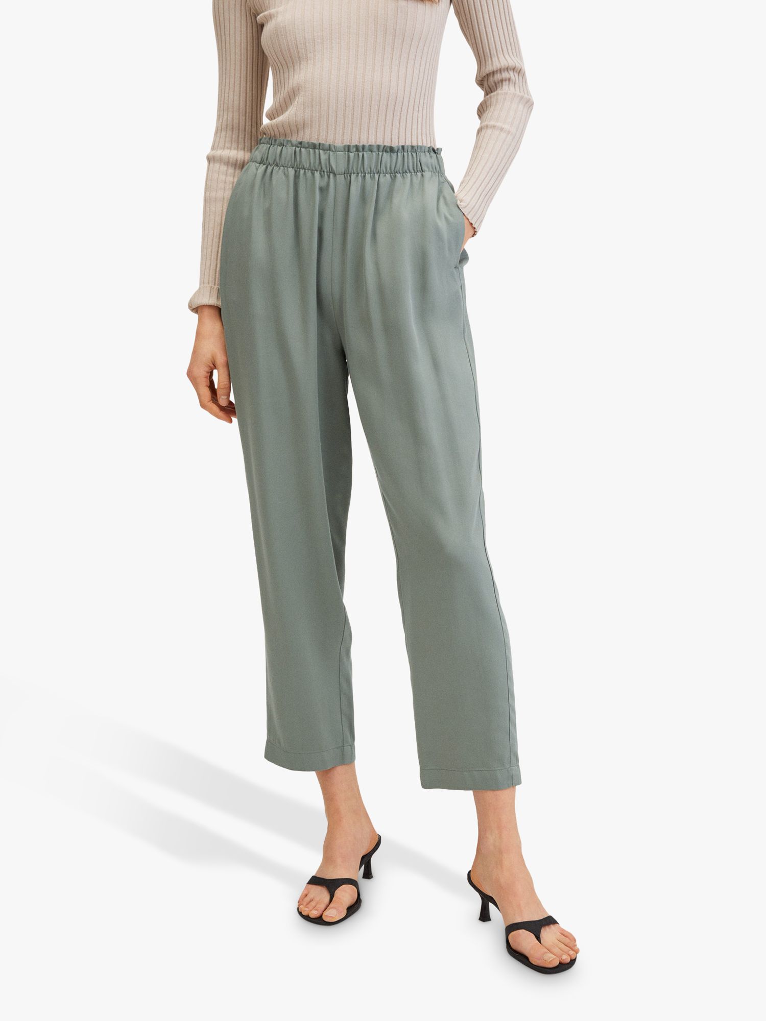 Mango Fluido Cropped Trousers, Khaki at John Lewis & Partners