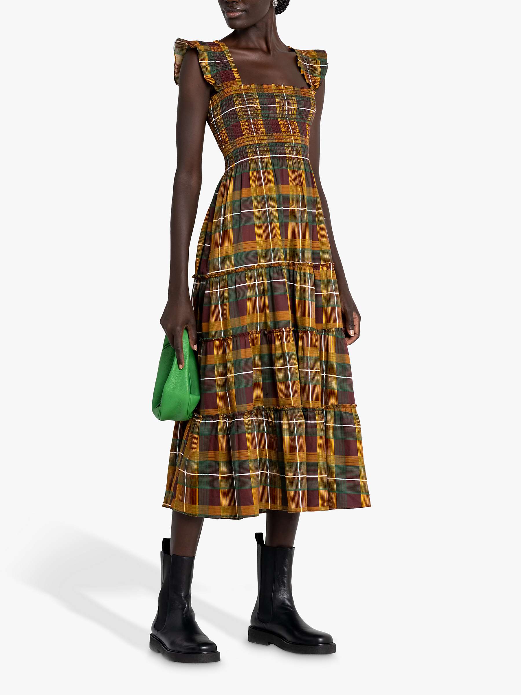 Buy kourt Calypso Smocked Bodice Plaid Midi Dress, Green Online at johnlewis.com