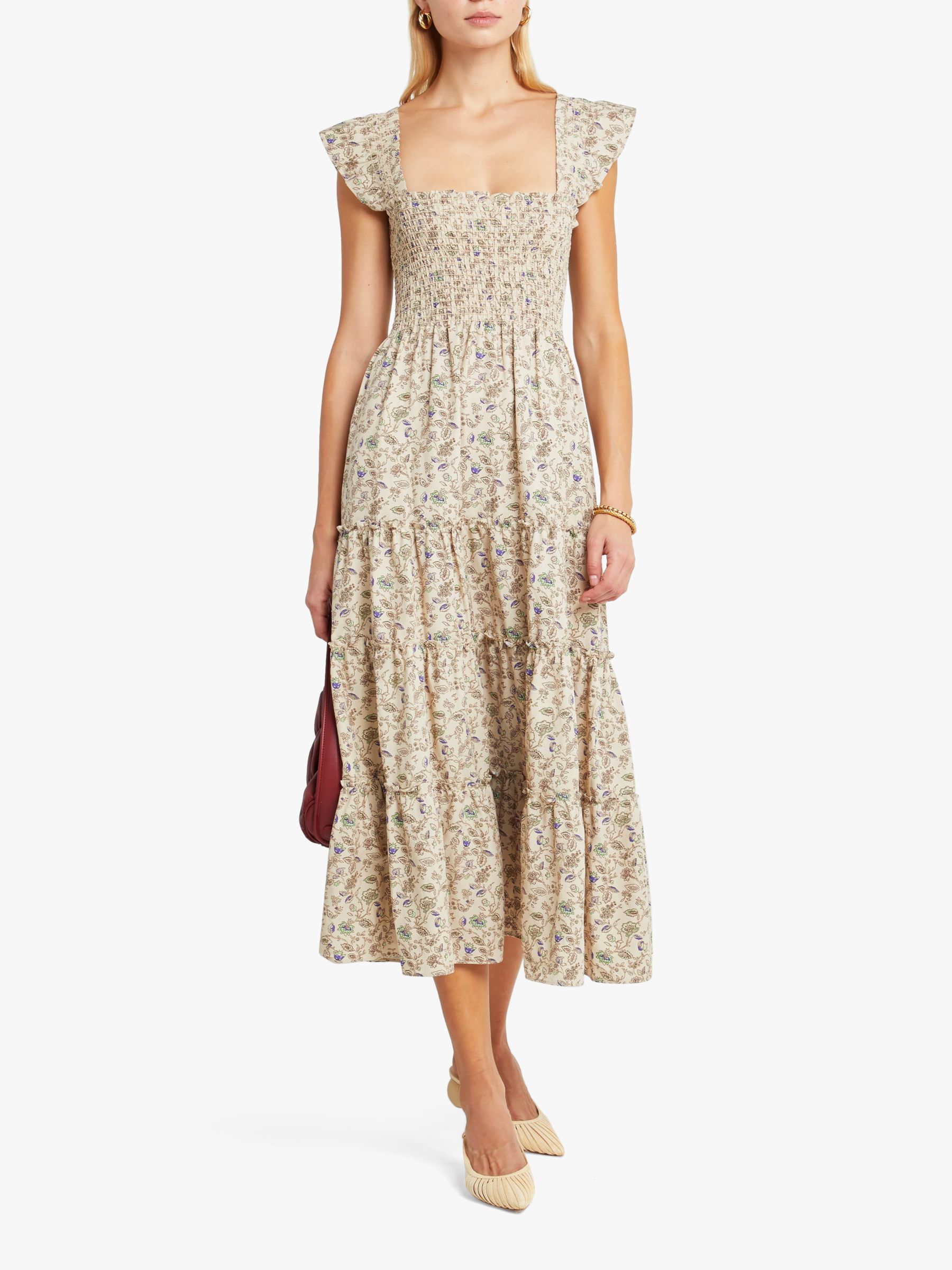 kourt Calypso Smocked Bodice Floral Print Midi Dress, Beige, XL