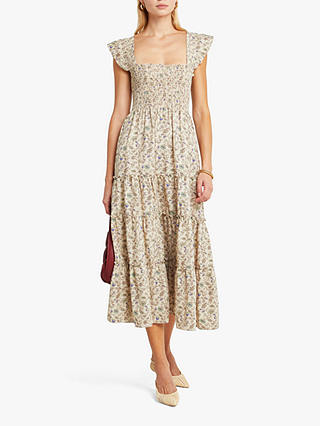 kourt Calypso Smocked Bodice Floral Print Midi Dress, Beige