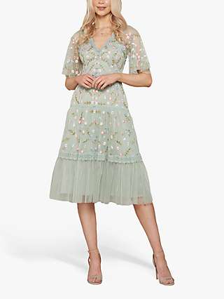 Amelia Rose Eloise Floral Embroidered Knee Length Dress, Sage