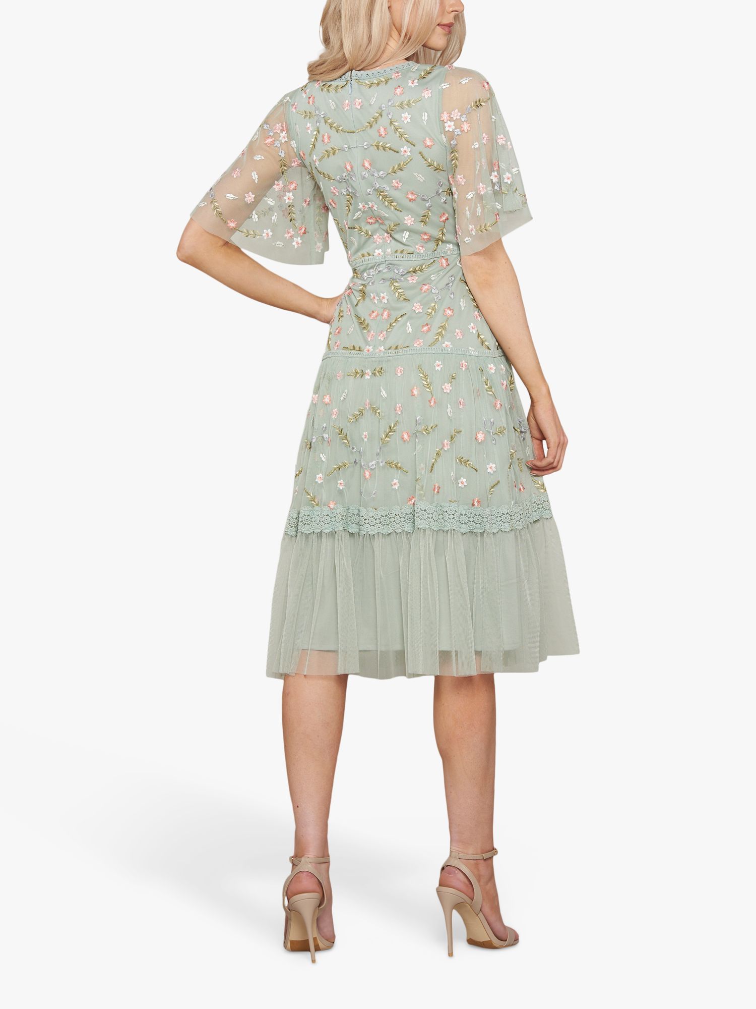 Amelia Rose Eloise Floral Embroidered Knee Length Dress, Sage at John ...