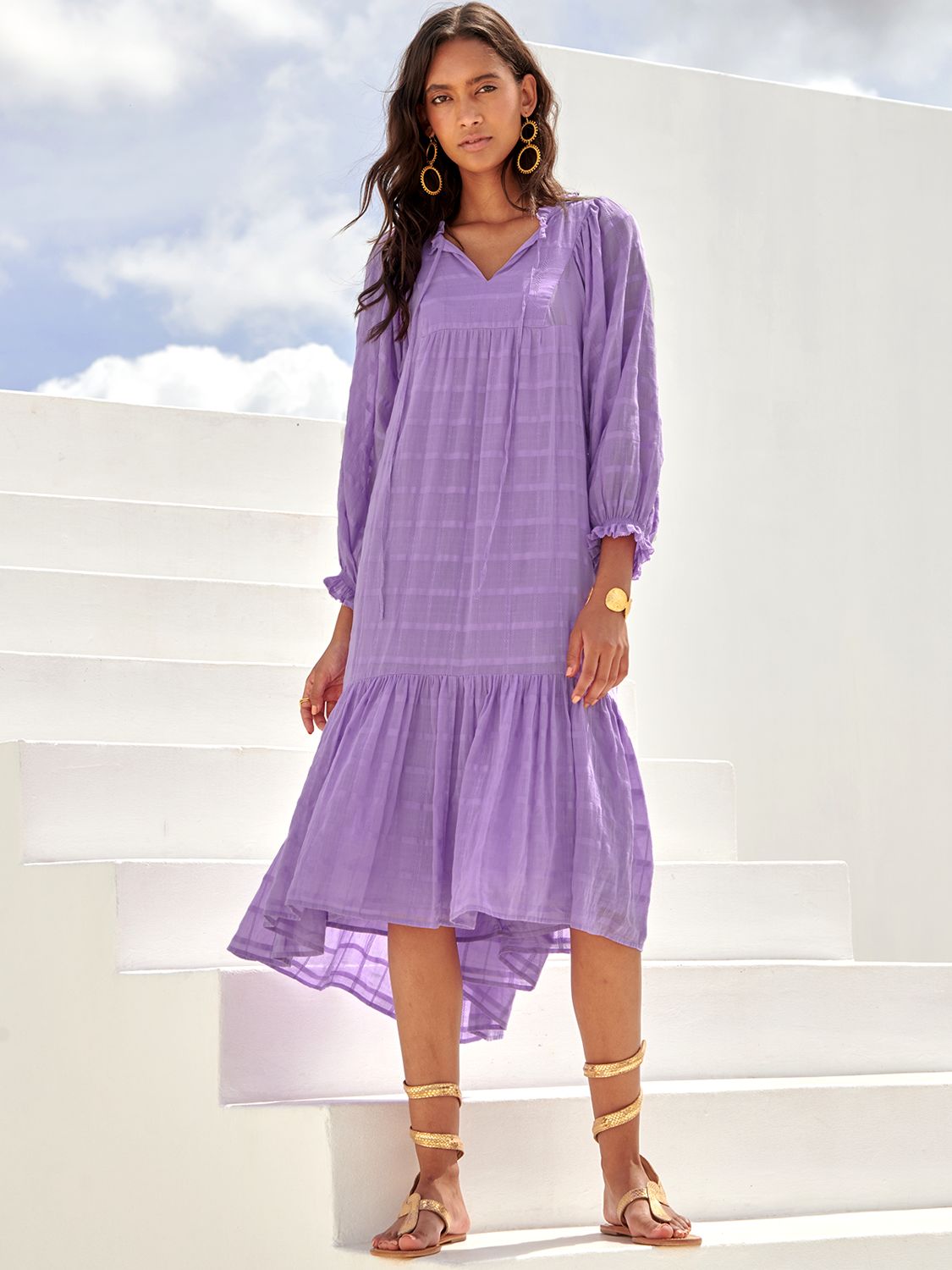 Aspiga Boho Cotton Midi Dress, Lilac, XS