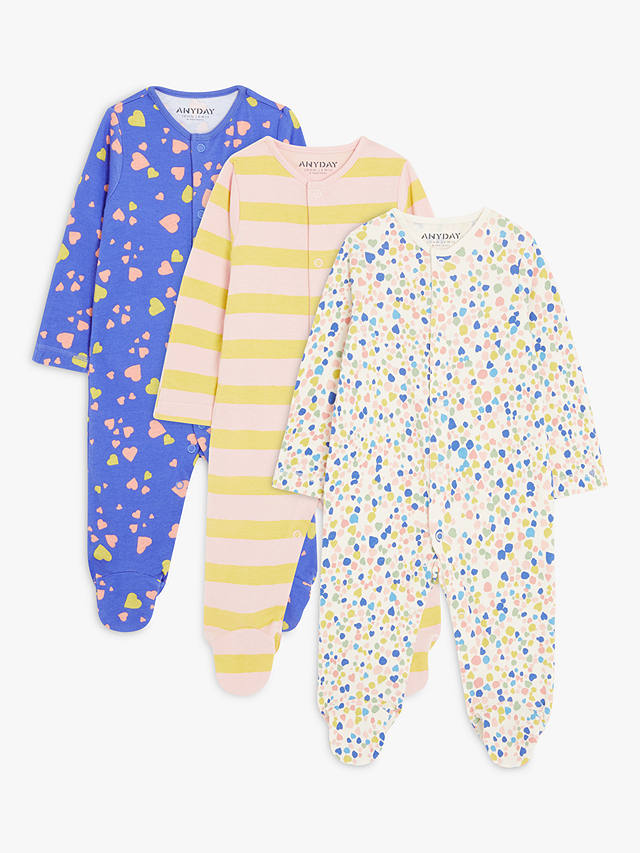 John Lewis ANYDAY Baby Confetti/Heart/Stripe Sleepsuits, Pack of 3, Multi