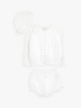 The Little Tailor Baby Three Piece Cardigan, Bloomer & Bonnet Set, White