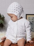 The Little Tailor Baby Three Piece Cardigan, Bloomer & Bonnet Set, White