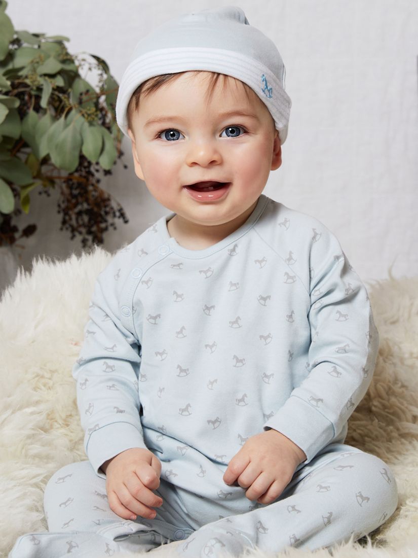 The Little Tailor Baby Cotton Rocking Horse Sleepsuit & Hat Set, Blue, 0-3 months
