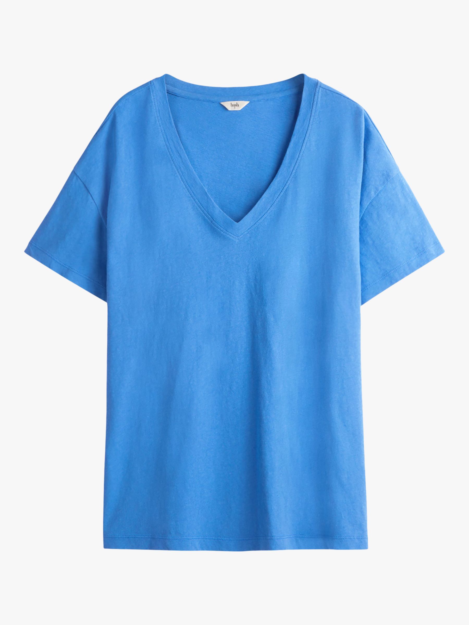 hush Linen Blend Deep V-Neck T-Shirt, Blue at John Lewis & Partners