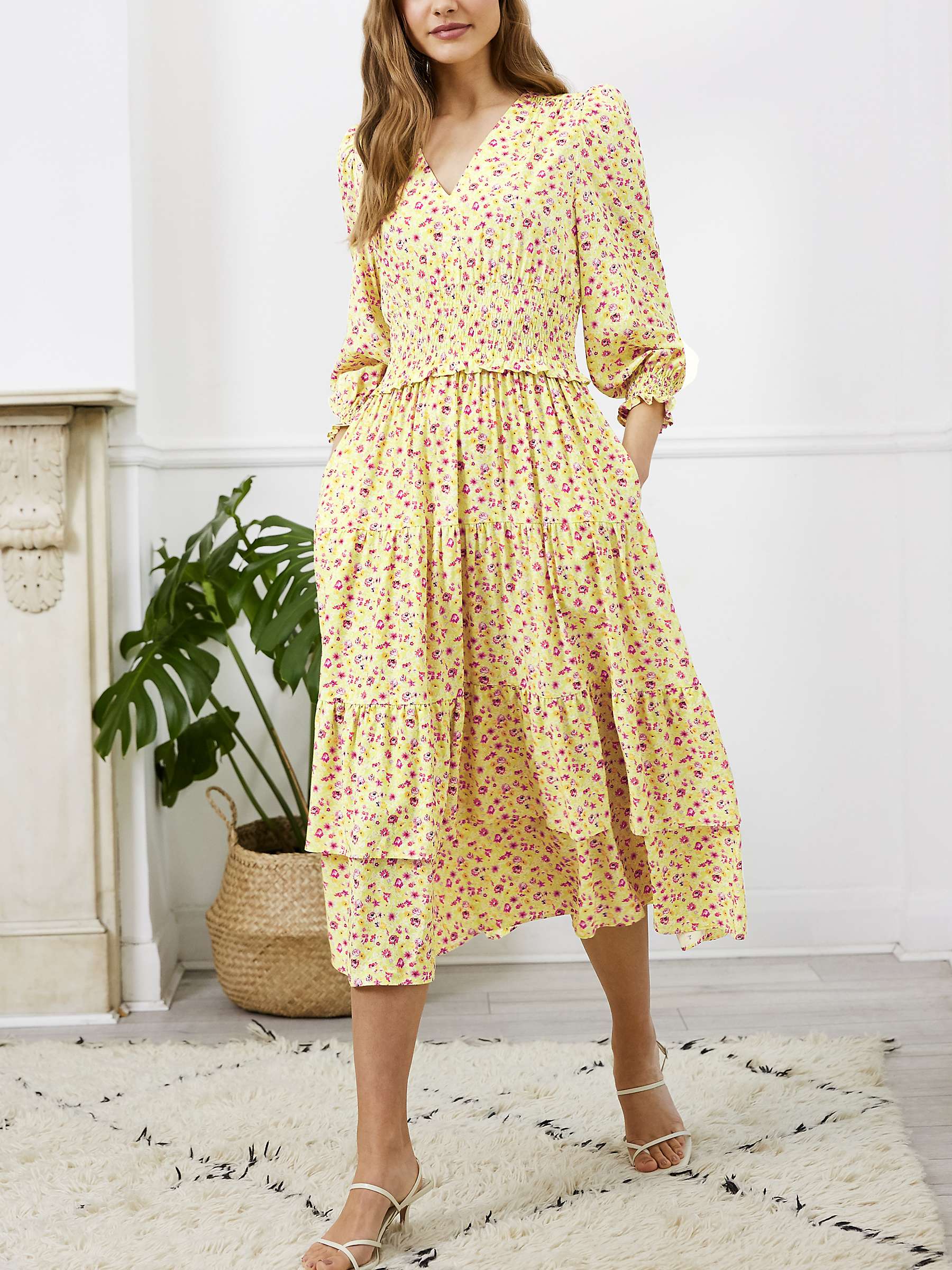 Buy Baukjen Charlotte Ditsy Floral Print Smocked Bodice Midi Dress, Citrus Online at johnlewis.com