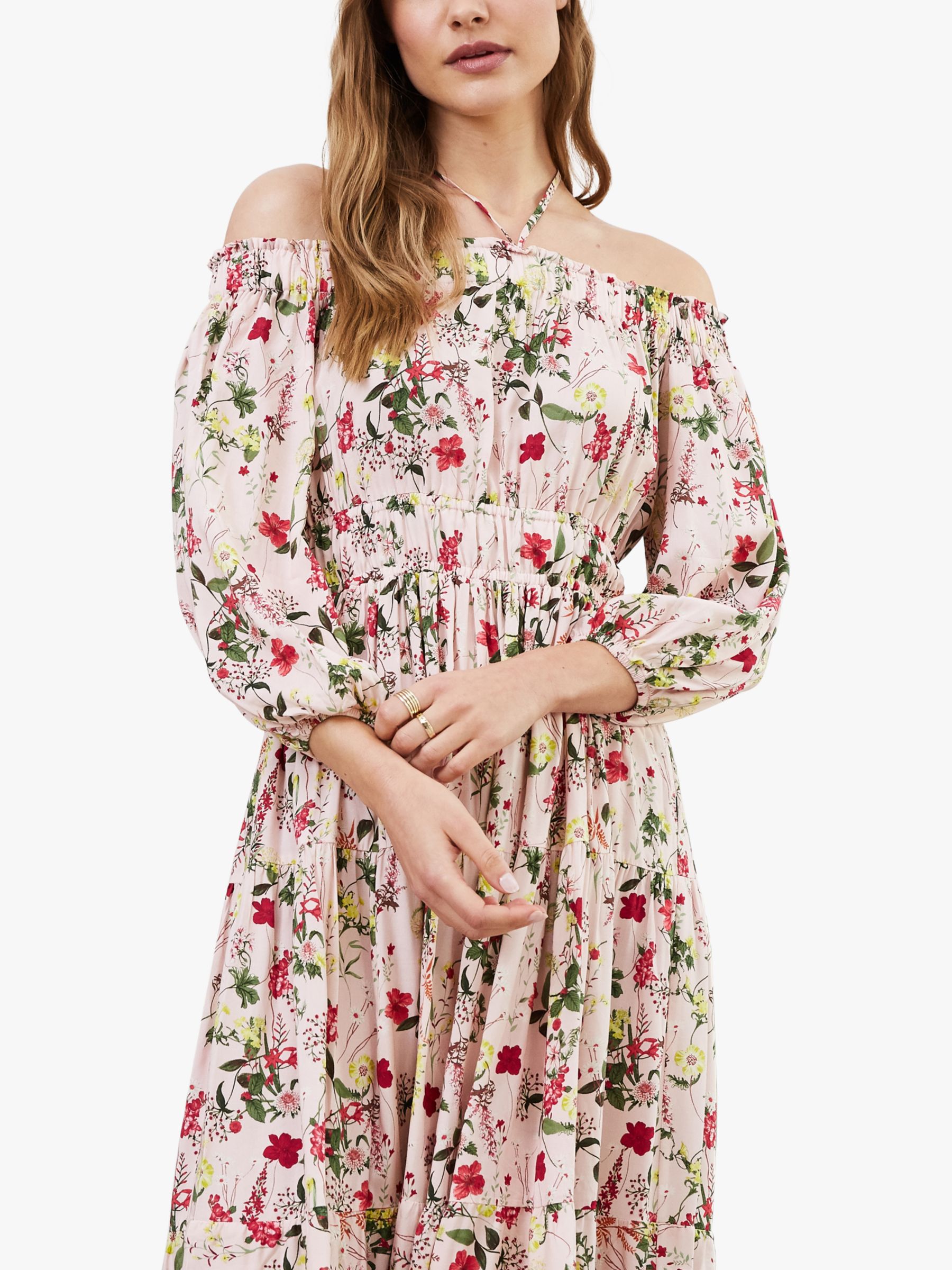 Buy Baukjen Jessica Floral Print Bardot Midi Dress, Pink Meadow Online at johnlewis.com