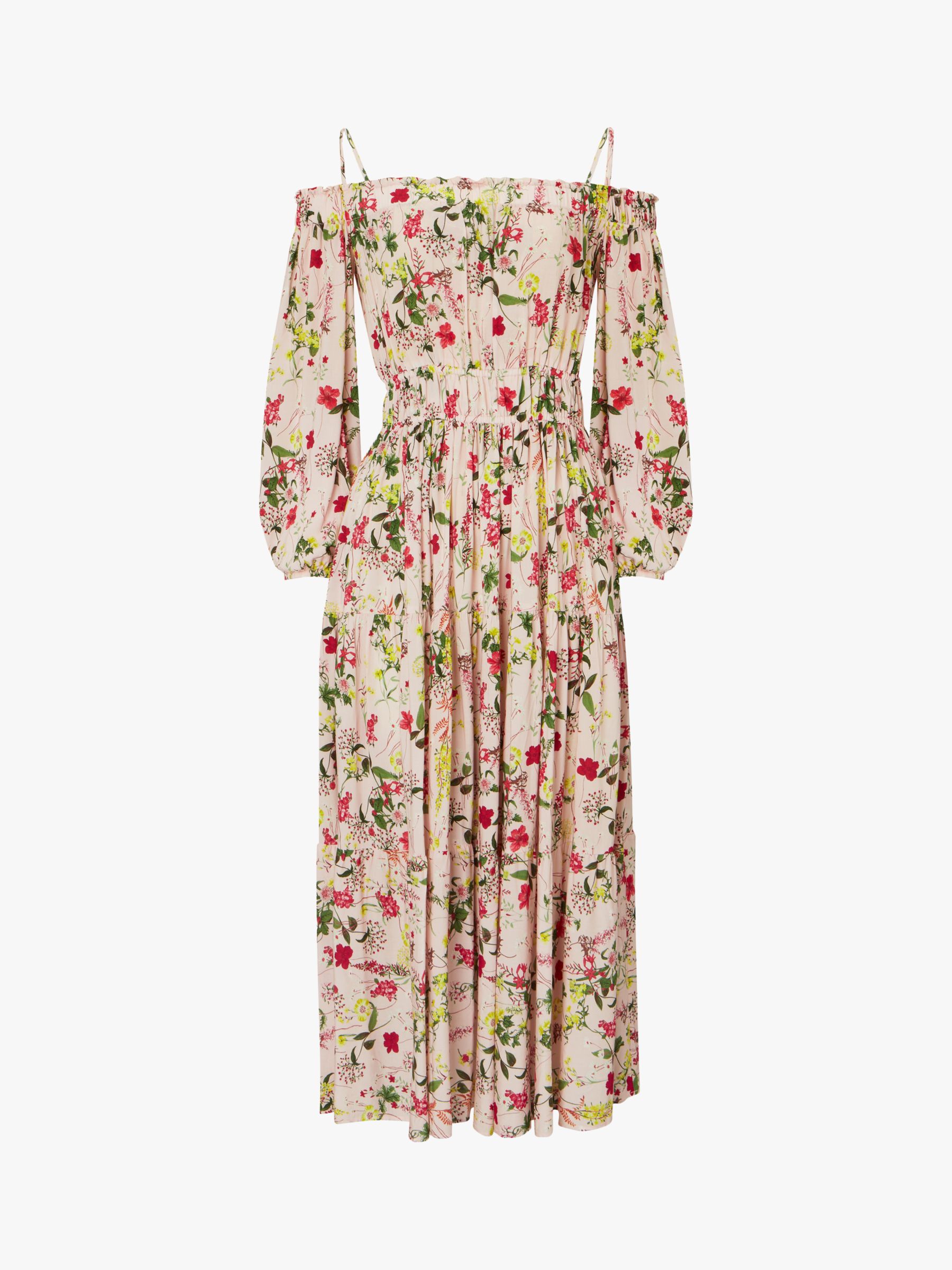 Baukjen Jessica Floral Print Bardot Midi Dress, Pink Meadow, 6