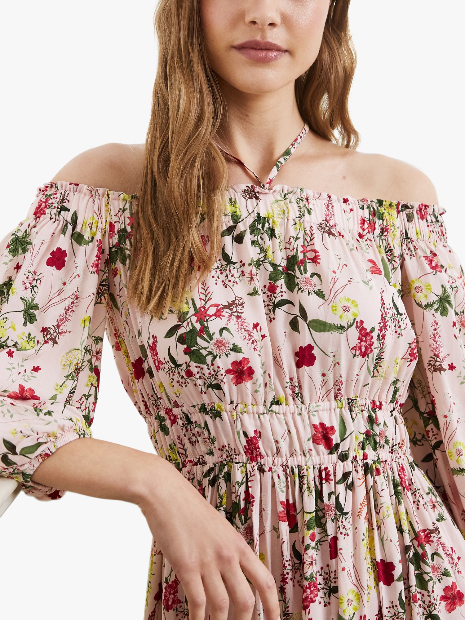 Baukjen Jessica Floral Print Bardot Midi Dress, Pink Meadow, 10