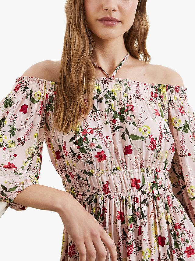 Baukjen Jessica Floral Print Bardot Midi Dress, Pink Meadow