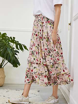 Baukjen Jessica Floral Midi Skirt, Pink/Multi