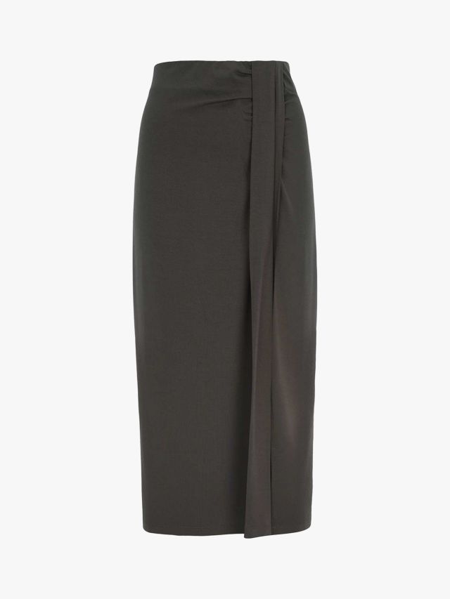 Mint Velvet Drape Midi Skirt, Khaki, 6