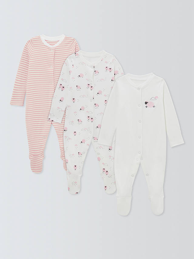 John Lewis Baby Sheep Long Sleeve Sleepsuits, Pack of 3, Pink