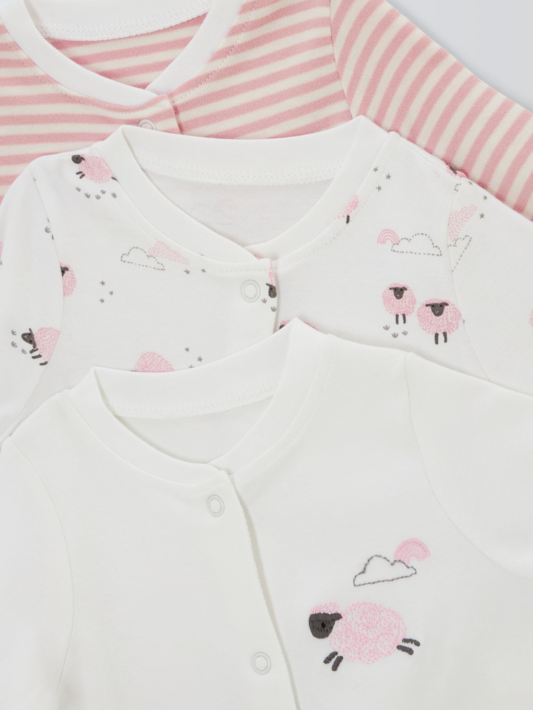 John Lewis Baby Sheep Long Sleeve Sleepsuits, Pack of 3, Pink, Early Baby