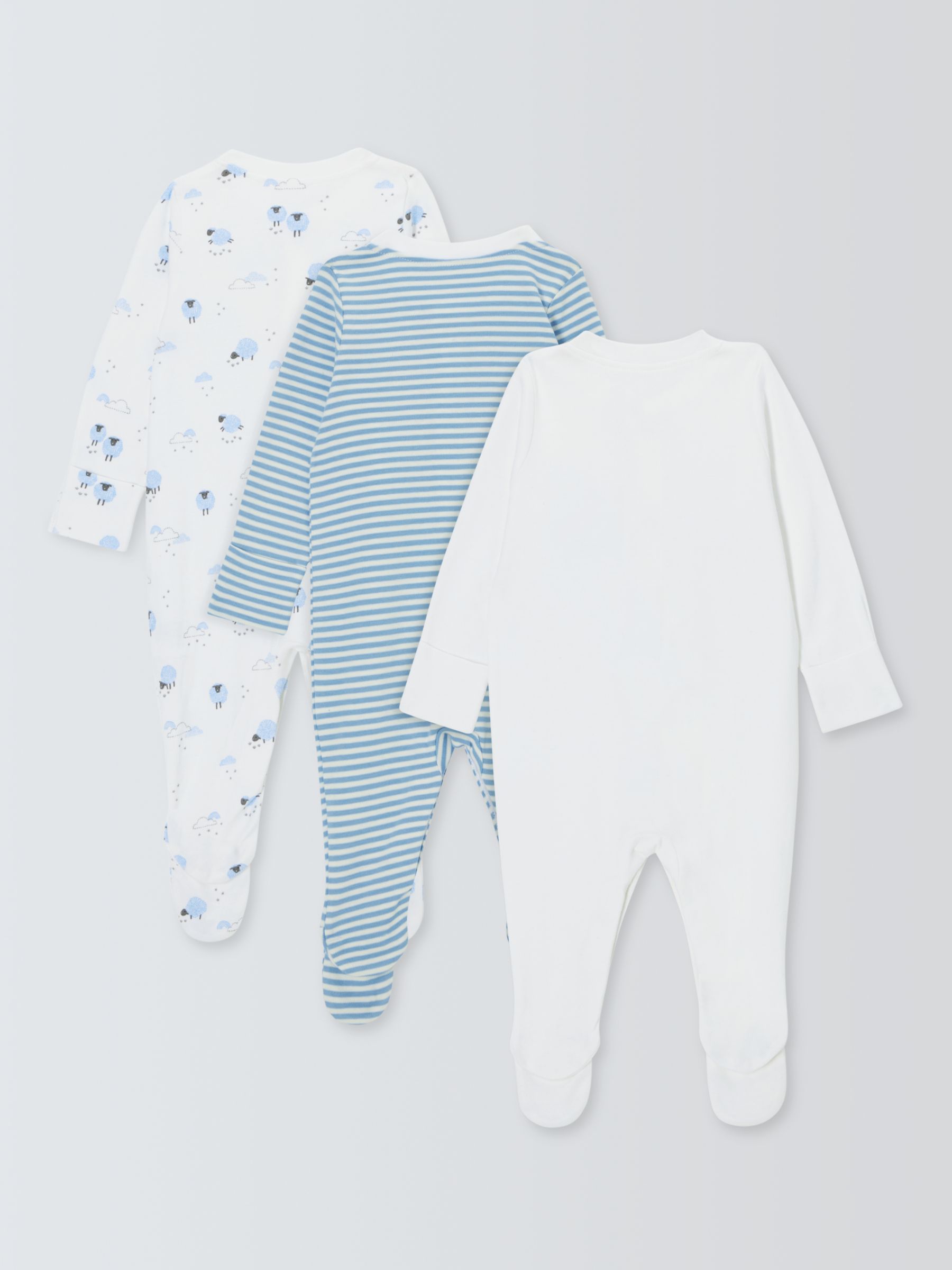 John Lewis Baby Sheep Sleepsuits, Pack of 3, Blue, Early Baby